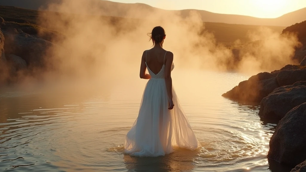 Elegante Frau im weissen Kleid geniesst geothermalen Spa auf Island zur goldenen Stunde