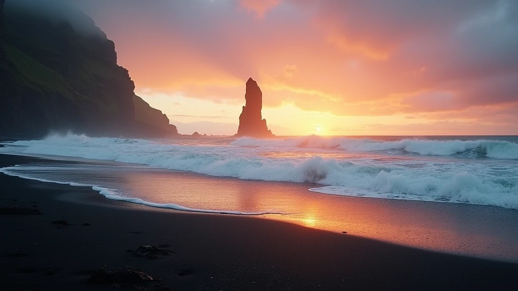 Schwarzer Sandstrand Reynisfjara auf Island mit Basaltsaeulen zur goldenen Stunde