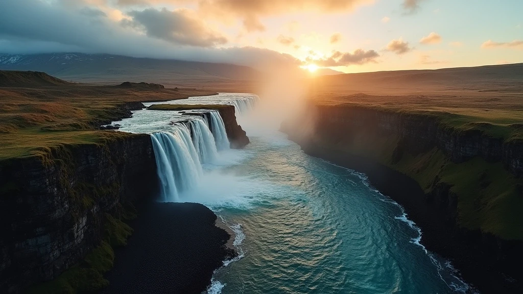 Dramatische Luftaufnahme der vulkanischen Landschaft von Selfoss auf Island zur goldenen Stunde