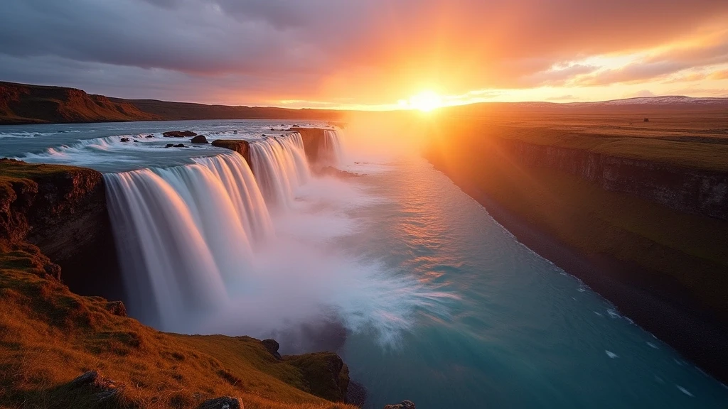 Seljalandsfoss-Wasserfall auf Island bei Sonnenuntergang mit goldenem Licht und Regenbogen