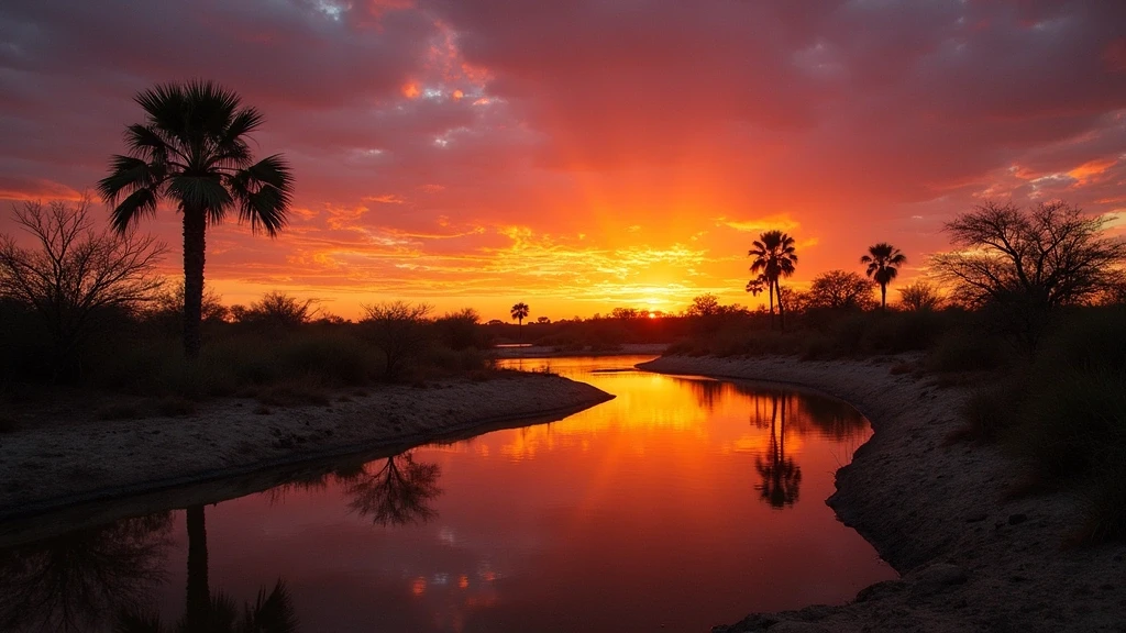 Sonnenuntergang ueber den Okavango-Delta-Ebenen in Selinda Camp, Botswana