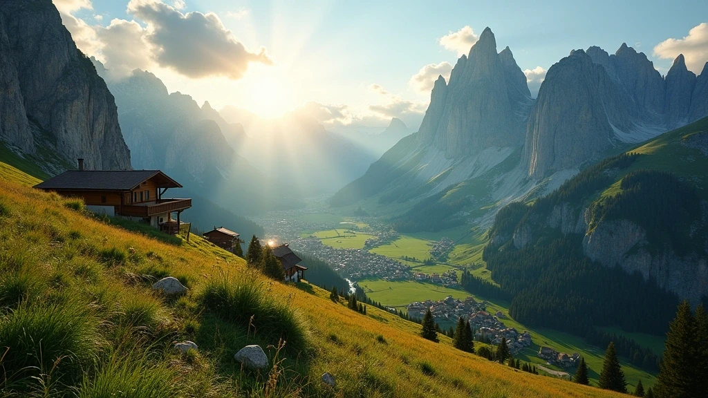 Luftaufnahme der Dolomiten in Selva di Val Gardena zur goldenen Stunde mit traditionellen Laediner Doerfern
