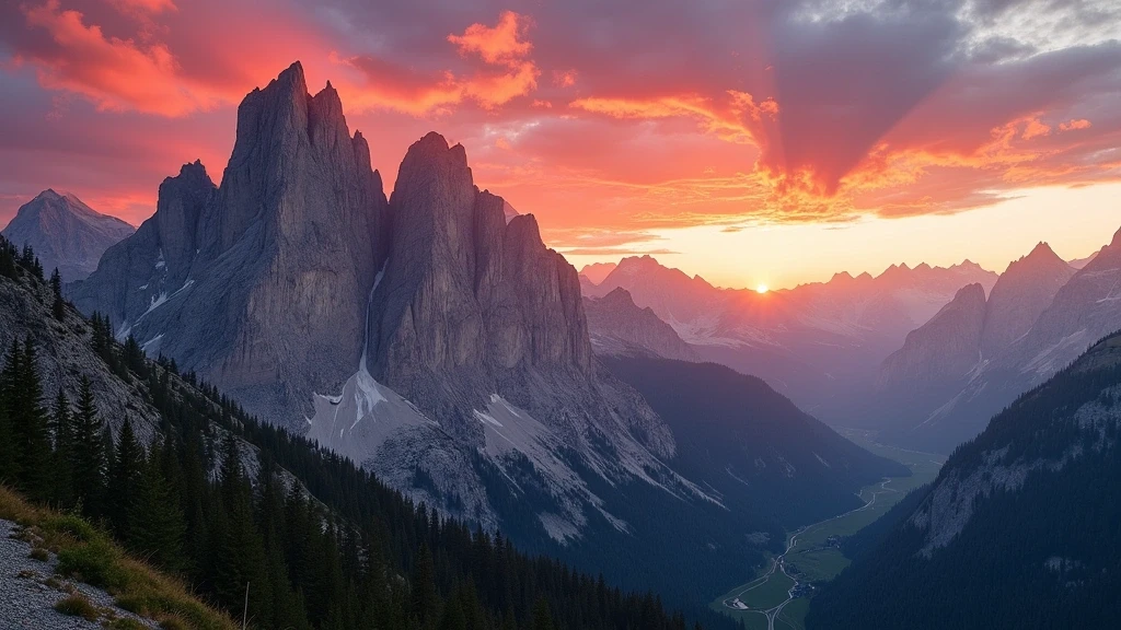 Sonnenuntergang ueber den Sassolungo-Bergen in Selva di Val Gardena mit alpiner Abendroete