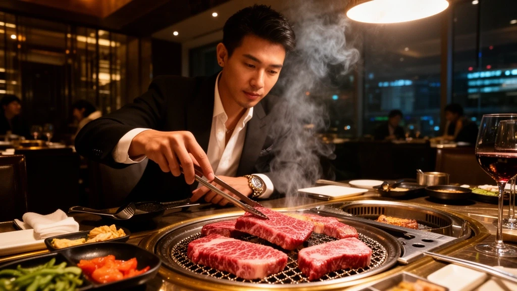 Stylish Reisender geniesst Gourmet Korean Barbecue in Gangnam Restaurant