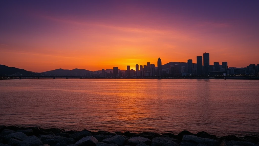 Panoramablick auf den Han Fluss bei Sonnenuntergang mit Seoul Skyline