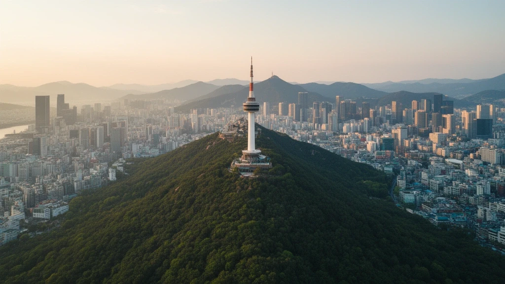 Luftaufnahme von Namsan Berg und N Seoul Tower in Seoul zur goldenen Stunde