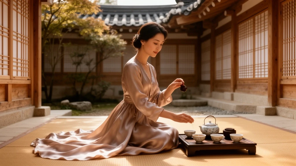 Elegante Frau bei traditioneller koreanischer Teezeremonie im Hanok Hof