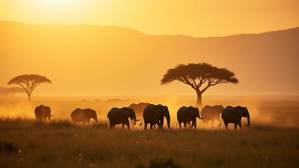 Goldene Stunde in der Serengeti mit Elefantenherden und majestaatischen Affenbrotbaeumen