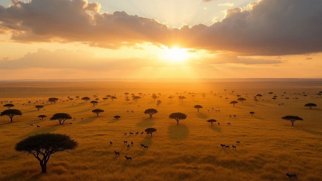 Luftaufnahme der endlosen Savannenebenen der Serengeti mit wandernden Tierherden zur goldenen Stunde