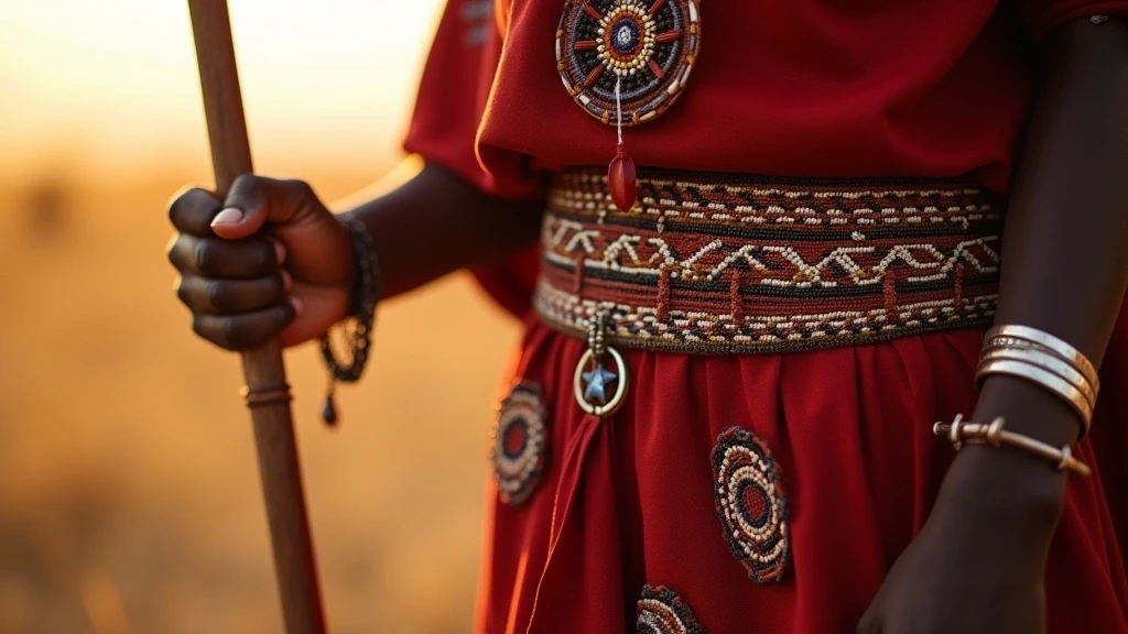 Detailaufnahme der traditionellen Perlenarbeiten eines Maasai-Kriegers in der Serengeti