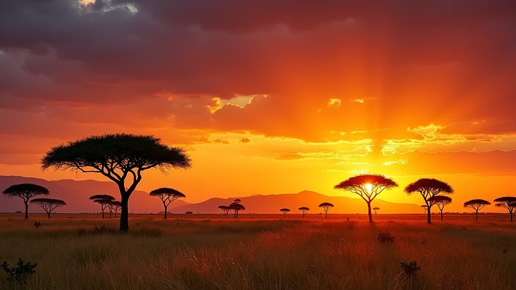 Dramatischer Sonnenuntergang ueber der Serengeti-Savanne mit Akazien-Silhouetten