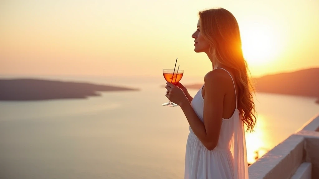 Elegante Frau in weissem Kleid geniesst Sonnenuntergang-Cocktails auf Terrasse in Serifos, Griechenland