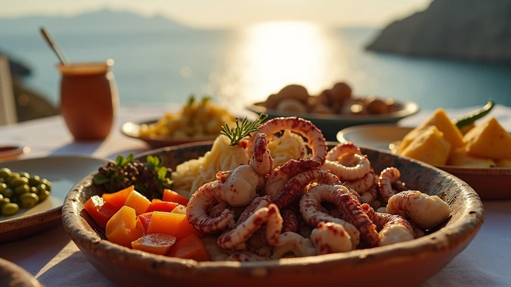 Traditionelle griechische Meze-Platte mit Oktopus und lokalem Kaese in Serifos, Griechenland