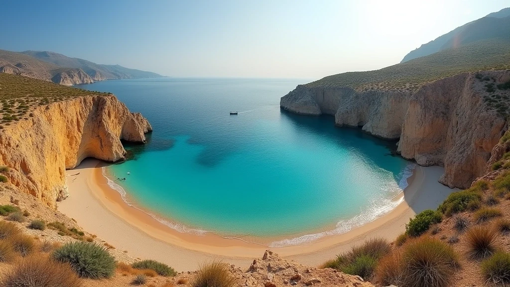 Panoramablick auf Livadakia-Strand in Serifos mit tuerkisfarbenem Wasser und felsigen Klippen in Griechenland