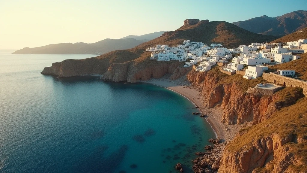 Luftaufnahme von Serifos mit dramatischer Kueste, weissem Chora-Dorf und Burgruinen zur goldenen Stunde in Griechenland