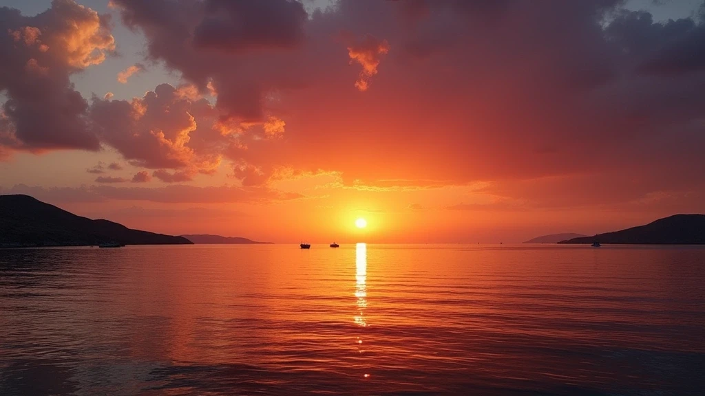 Sonnenuntergang ueber der Aegaeis vor Serifos mit Bootssilhouetten und farbenfrohem Himmel in Griechenland