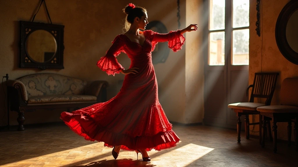 Flamenco-Taenzerin in traditionellem Kleid in sonnendurchfluteten Studio in Sevilla