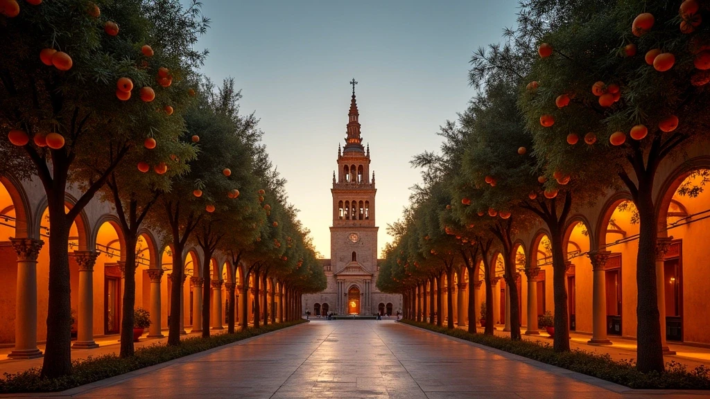 Goldene Stunde im Patio de los Naranjos der Kathedrale von Sevilla mit Orangenbaeumen