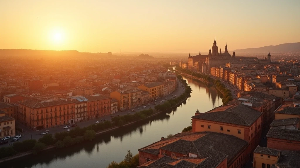 Luftaufnahme von Sevilla mit Guadalquivir-Fluss und Giralda-Turm zur goldenen Stunde