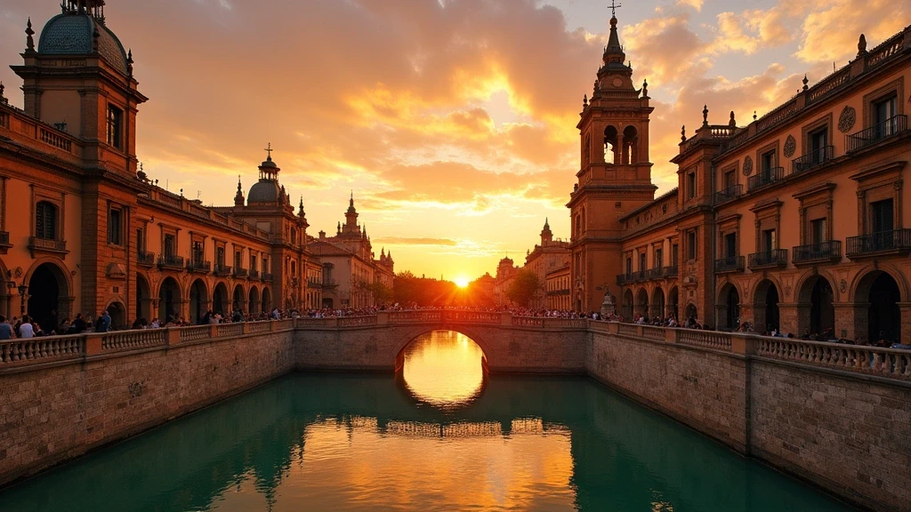 Sonnenuntergang am Plaza de España in Sevilla mit Renaissance-Architektur und Kanal