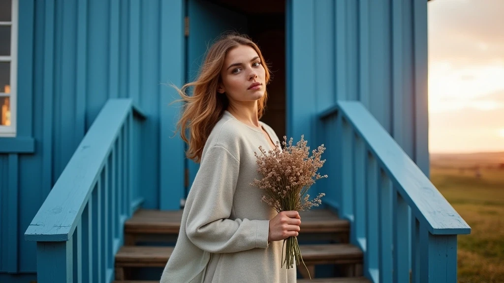 Elegante Frau auf den Stufen der blauen Kirche in Seyðisfjörður, Island, mit Wildblumen im goldenen Licht