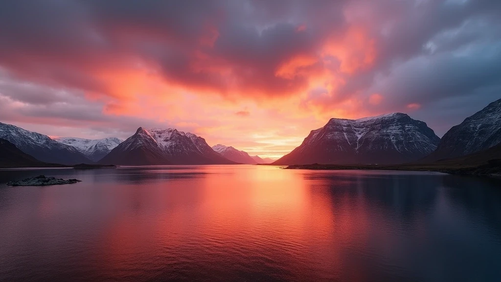 Panoramaansicht des Fjords Seyðisfjörður in Island bei Sonnenuntergang mit farbenfrohem Himmel und Bergsilhouetten