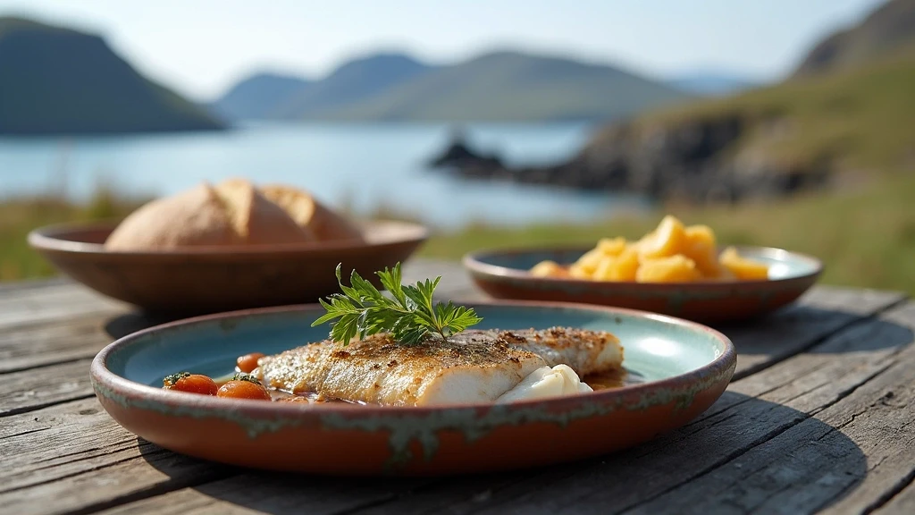 Artisanale islaendische Kueche auf handgemachtem Geschirr in Seyðisfjörður, Island mit Fjordblick