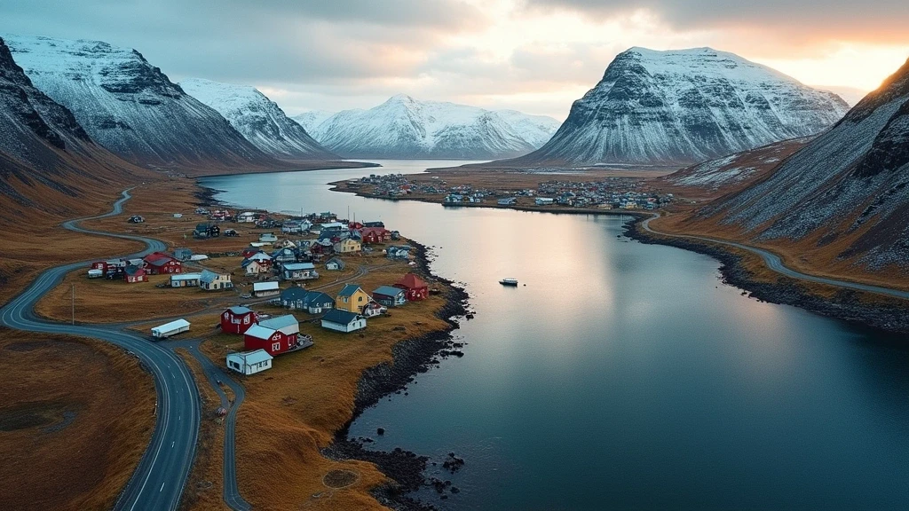 Luftaufnahme des dramatischen Fjords Seyðisfjörður in Island mit schneebedeckten Bergen und bunten Haeusern zur goldenen Stunde