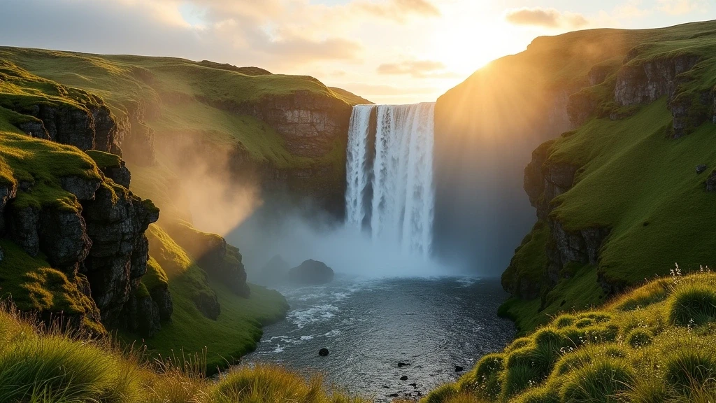 Wasserfall in Seyðisfjörður, Island, der in den Fjord stuerzt mit Regenbogen im goldenen Licht
