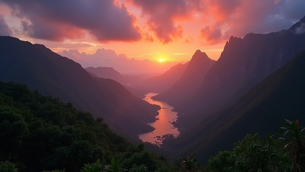 Sonnenuntergang ueber dem Morne Seychellois Nationalpark auf den Seychellen