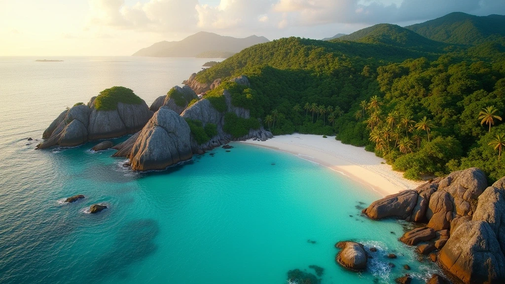 Luftaufnahme der Granitfelsen von Anse Source d'Argent auf La Digue, Seychellen, zur goldenen Stunde