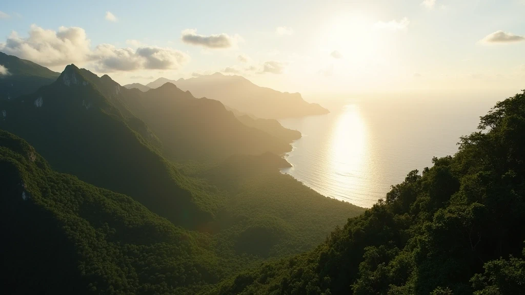Panoramablick vom Morne Seychellois Nationalpark auf Mahé, Seychellen, mit Regenwald und Granitgipfeln
