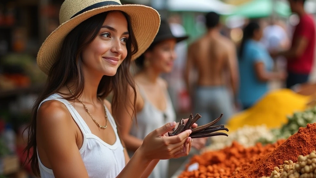 Stylische Reisende erkundet den Victoria Markt auf Mahé, Seychellen, mit Gewuerzen und lokalen Produkten