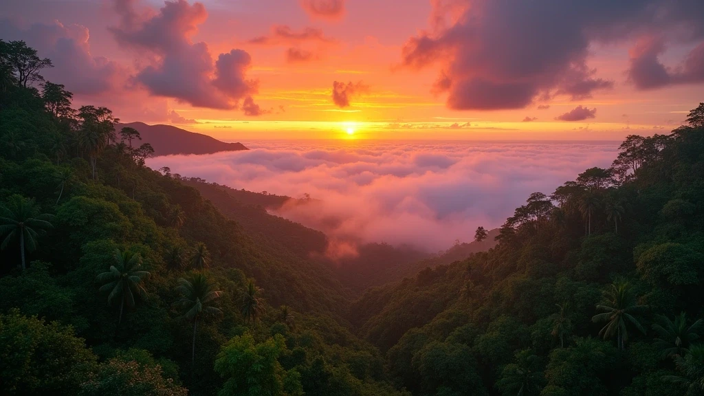 Sonnenuntergang im Valle de Mai Naturreservat auf Praslin, Seychellen, mit Coco de Mer Palmen