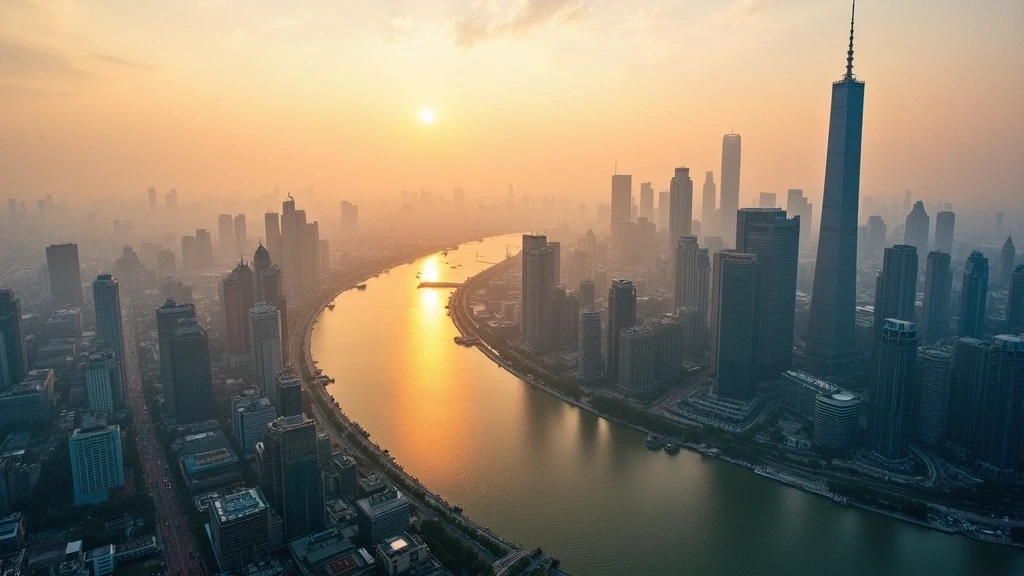 Luftaufnahme des Huangpu Flusses in Shanghai zur goldenen Stunde mit historischem Bund und futuristischem Pudong