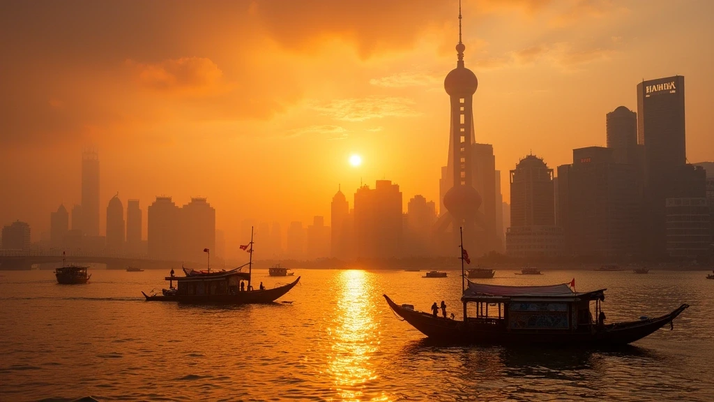 Sonnenuntergang ueber dem Huangpu Fluss in Shanghai mit traditionellen Fischerbooten zur goldenen Stunde
