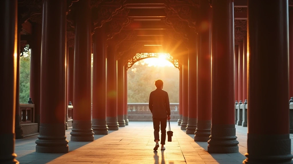 Stylisher Reisender bewundert traditionelle Holzschnitzereien am Longhua Tempel in Shanghai zur goldenen Stunde