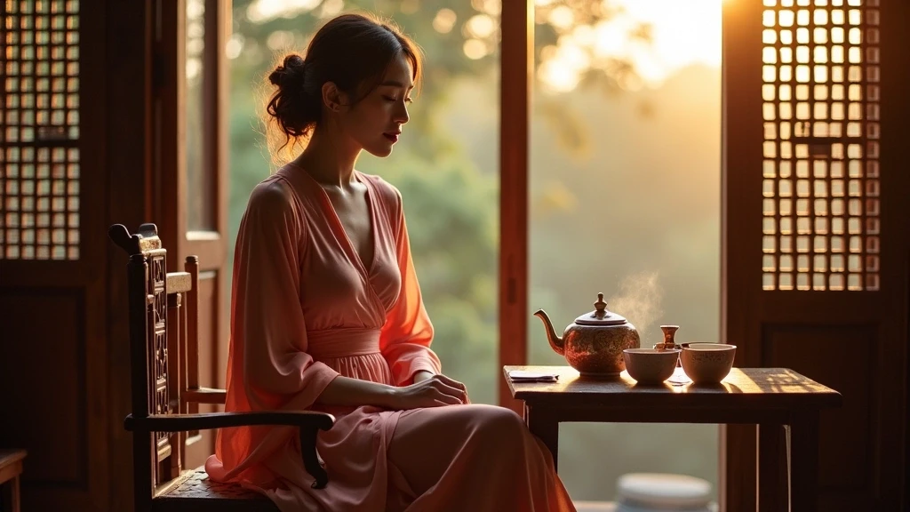 Elegante Frau bei traditioneller Teezeremonie in Shanghai mit Blick auf den Yu Garten zur goldenen Stunde