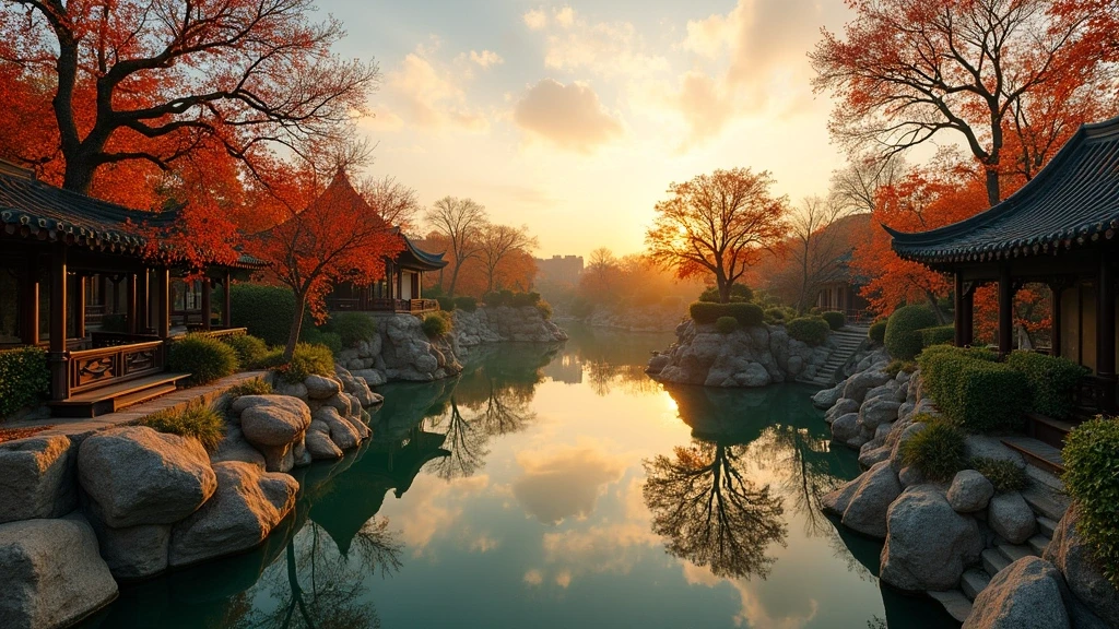 Panoramaaufnahme des klassischen Yu Gartens in Shanghai zur goldenen Stunde mit traditioneller Architektur