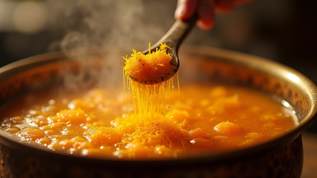 Traditionelle omanische Halwa-Zubereitung in Shangri-La Barr Al Jissah mit Safran und Kupfertopf