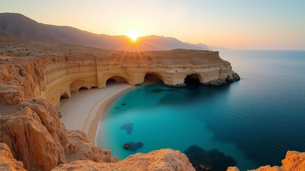 Panoramablick auf die felsige Kueste von Shangri-La Barr Al Jissah in Oman zur goldenen Stunde