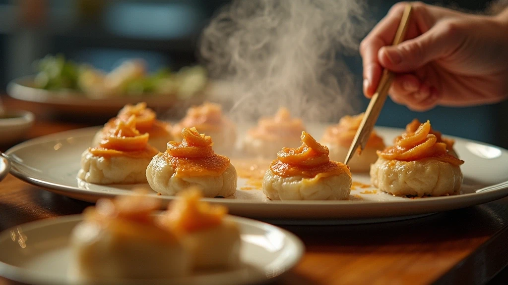 Kuenstlerische Nahaufnahme von Kantonesischen Dim Sum bei der Zubereitung in Sternerestaurant in Shenzhen, China
