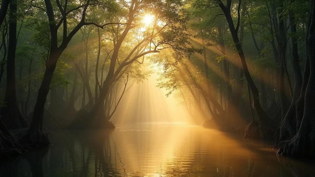Goldene Stunde im Mangrovenwald des Futian-Naturschutzgebiets in Shenzhen, China, mystische Atmosphaere