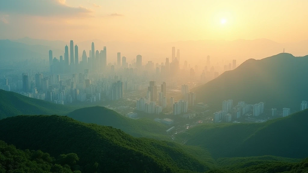 Dramatische Luftaufnahme des Shenzhener Skyline vor den gruenen Huegeln des Wutong-Berges zur goldenen Stunde in China