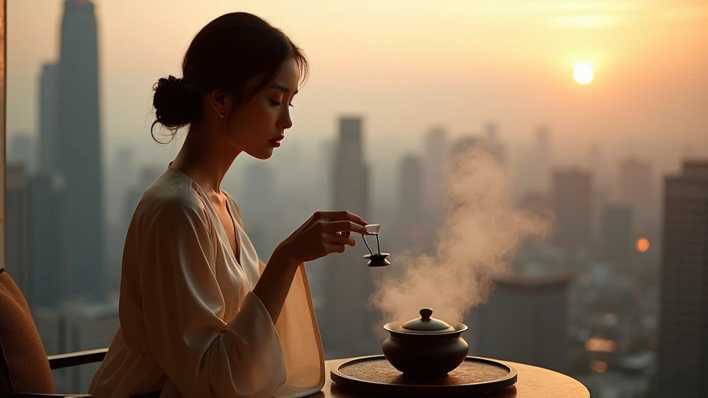 Elegante Frau bei privater Teezeremonie auf Balkon mit Blick auf Shenzhen Skyline in der Daemmerung, China
