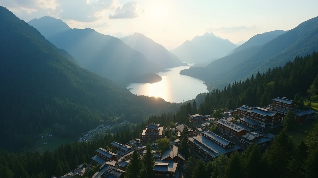Luftaufnahme der japanischen Alpen in Shirahone zur goldenen Stunde mit Seen und traditionellen Ryokan