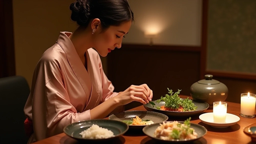 Elegante Frau im Kimono geniesst Kaiseki-Menue im Luxus-Ryokan von Shirahone