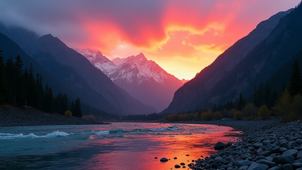 Sonnenuntergang ueber dem Kamikochi-Tal in Shirahone mit Hotaka-Gebirge und Azusa-Fluss