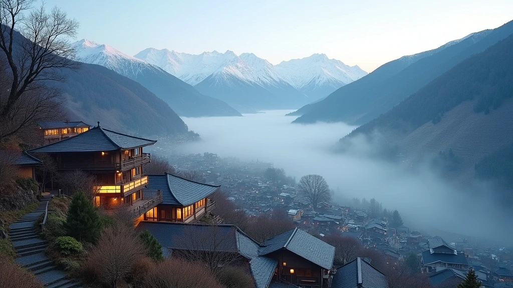 Panoramablick auf das Shirahone-Onsen-Dorf mit traditionellen Ryokan und schneebedeckten Bergen