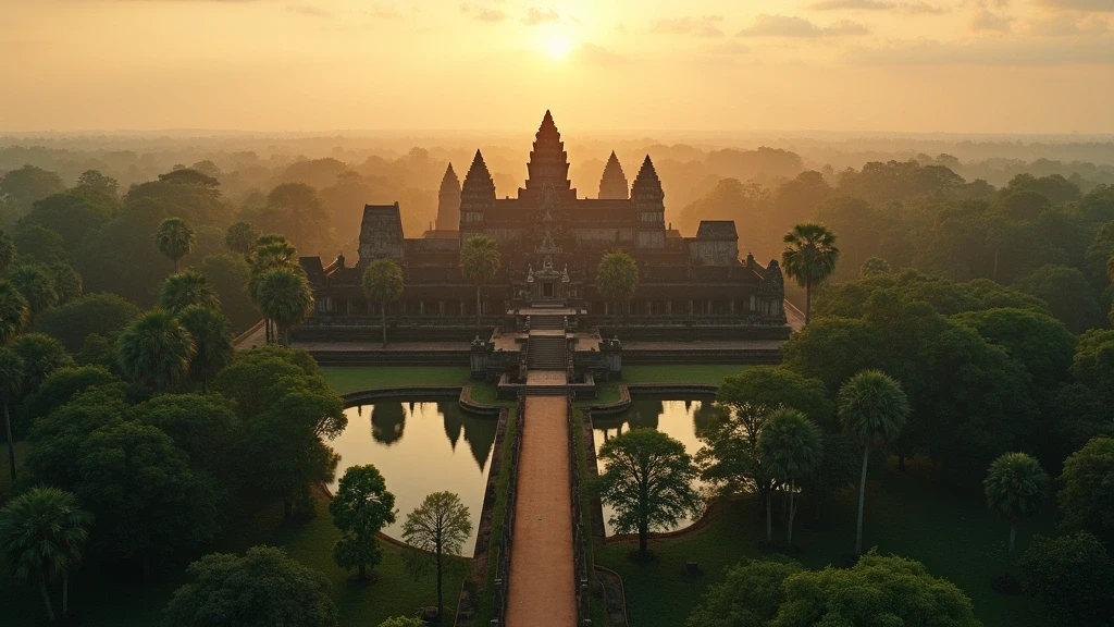 Luftaufnahme des Angkor Wat Tempelkomplexes in Siem Reap zur goldenen Stunde